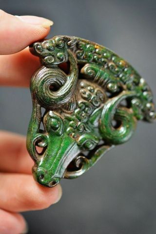 Rare Chinese Old Jade Hand Carved Dragon/Cattle Head Pendant J9 2