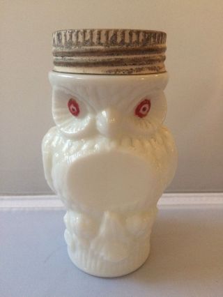 Antique Milk Glass Owl Mustard Jar W Lid Red Eyes Figural Figurine Kitchenware
