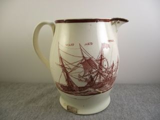 Antique Liverpool Creamware Pitcher Fort Oswego Wasp & Frolic Red Transfer 1812