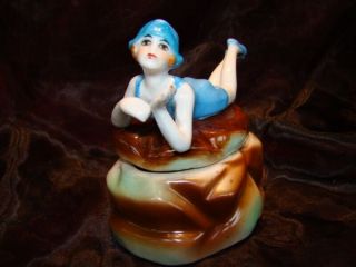 Box Jewelry Figurine Powder Box Bathing Beauty Sexy Art Deco - German Style Art No
