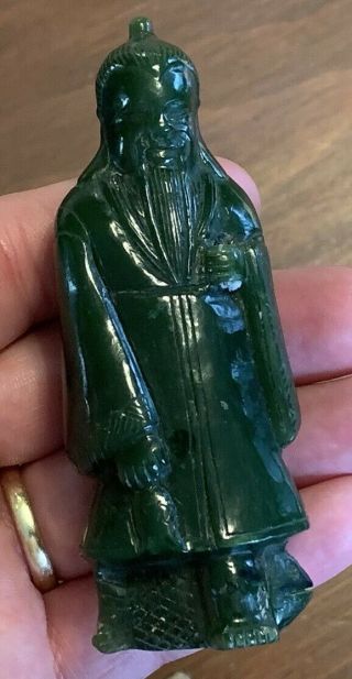 Antique Chinese Carved Dark Spinach Green Jade Old Male Figure,  Estate Find,  4 "