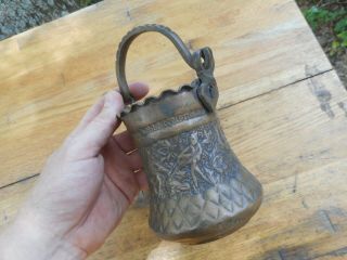 Antique Middle Eastern Persian Islamic Small 5.  5 " Copper Pot Pail Vase Birds Art