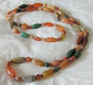 Antique Chinese 51 " Carnelian Agate Jasper Jade Hand Knotted Long Bead Necklace