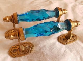 2 Pc Vintage Antique Style Blue Crystal/ Cut Glass Brass Door Handle Collectible