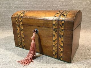 Antique 19th Century Inlaid Mahogany Wood Tea Caddy Dome Top Fitted Interior