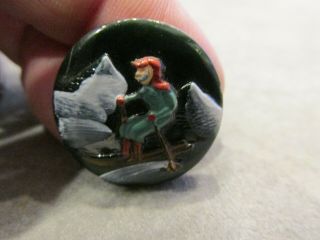 Antique Painted Black Glass Skier Skiing Sport Ski Winter Sewing Button