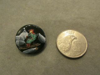 Antique Painted Black Glass SKIER SKIING SPORT SKI Winter Sewing Button 2