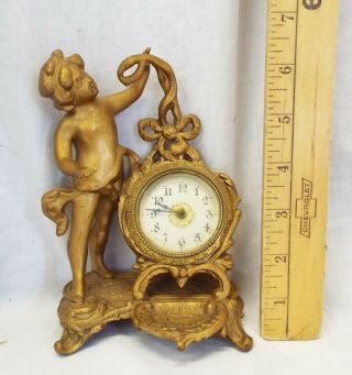 Old Antique Miniature Cherub Ornate Vine Design Gold Gilt Clock Figural - Runs -