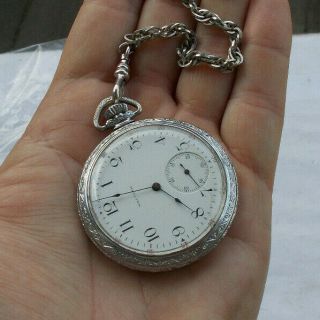 Rare Vintage 1.  75 " Waltham Wind Up Pocket Watch Art Deco & Fob Chain Look Wow Nr