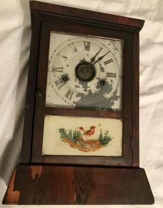 Antique Seth Thomas Cottage Clock With A Bird And Butterfly Glass Door Has Key