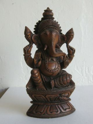 Fine Old India Hindu Lord Ganesha On Lotus Deity Carved Wood Carving Statue Big