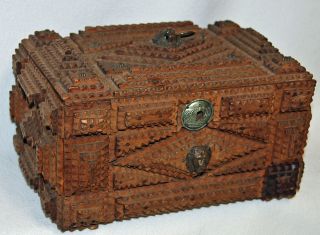 Exquisite Ornate Folk Art Tramp Box Hinged Wood - Lions Heads Memory Box