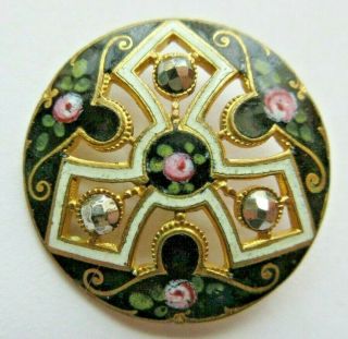 Stunning Antique Vtg French Champleve Enamel Button Roses & Cut Steels (r)