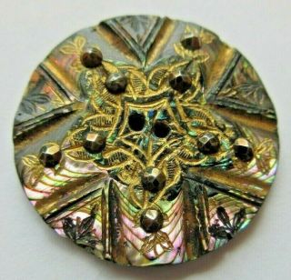 Spectacular Antique Carved Abalone Shell Button Incised Gold Star Cut Steels (r)