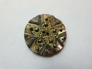 Spectacular Antique Carved Abalone Shell BUTTON Incised Gold STAR Cut Steels (R) 4