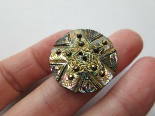 Spectacular Antique Carved Abalone Shell BUTTON Incised Gold STAR Cut Steels (R) 5