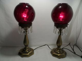 Vintage Ruby Red Optic Swirl Glass Globe Lamps Prisms Pair Boudoir Table Mantle