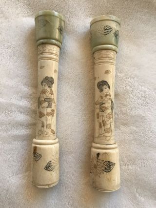 Antique Vtg Japanese Carved Bone Geisha Girl Figure On Threaded Cylinders ?