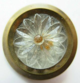 Wonderful Antique Vtg Clear Glass In Metal Button Molded Flower Design 1 " (r)