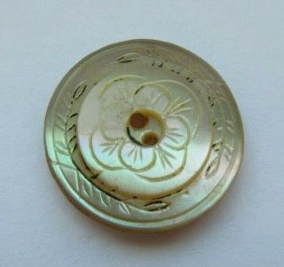 Lovely Antique Vtg Carved Shell Button W/ Incised Flower Design 3/4 " (b)