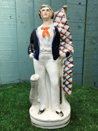 Mid 19thc Staffordshire Male Sailor Figure With Flag & Cannon C1854