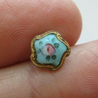 Delicate Antique Vtg Diminutive Champleve Enamel Button Turquoise W/ Rose (b)