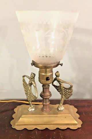 Vtg 1920s Art Deco Boudoir Lamp Brass Fan Dress Girls Maiden Motif Etched Shade