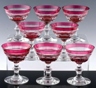 Set Of 8 Vintage Continental Cranberry Cut To Clear Champagne Glasses