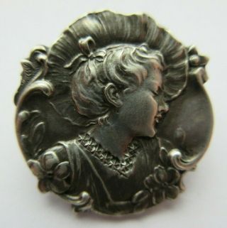 Extraordinary Antique Vtg Silver Metal Picture Button Art Nouveau Woman (y)