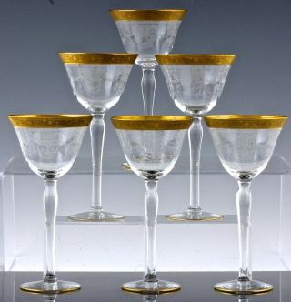 Great Set 6 Elegant Depression Gold Rim Small Wine Sherry Glasses Moser 6 Inch