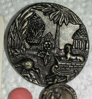 Antique Brass Picture Button 2 Piece 1.  25 " Across Egyptian Scene Sphinx Pyramid