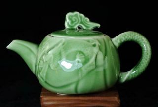 Chinese Old Hand - Made Green Glaze Porcelain Dragon Carving Porcelain Teapot B02