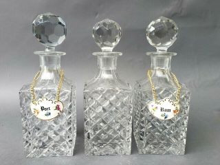 Set 3 Matched Cut Crystal Decanters Large Stoppers 2 Bone China Liquor Labels