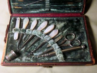 Antique Victorian 16 Pc Boxed Sewing Kit Etui Mother Of Pearl 3 Day Nr
