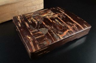 G8388: Japanese Wooden Cherry Bark Art Inkstone Case Box Suzuribako W/box