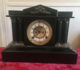 Antique Ansonia Clock Co.  4 Piller Iron Mantle Clock / No Key
