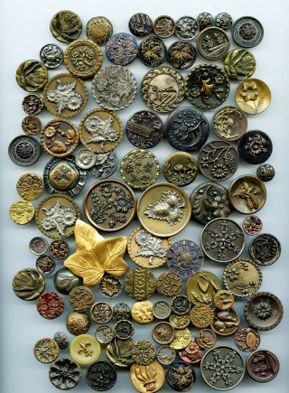 90 Metal Loop Shank Mostly Antique Floral Plant Themed Buttons About 1 " Average