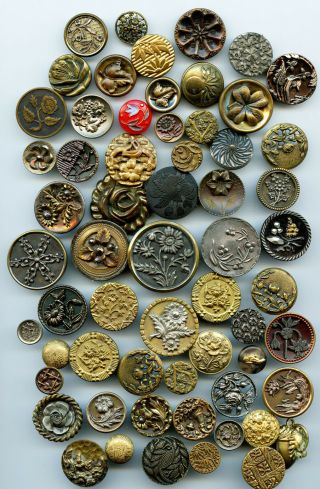 61 Metal Loop Shank Mostly Antique Floral Plant Themed Buttons About 1 " Average