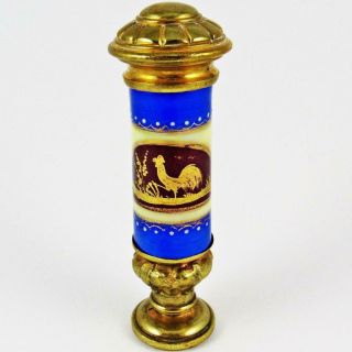 Antique French Kil - Fired Bresse Enamel Hand Painted Rooster Brass Mount Wax Seal