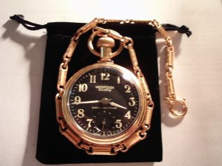 Vintage 16s Pocket Watch Steam Train Theme Case & Luminous Dial Runs Well.