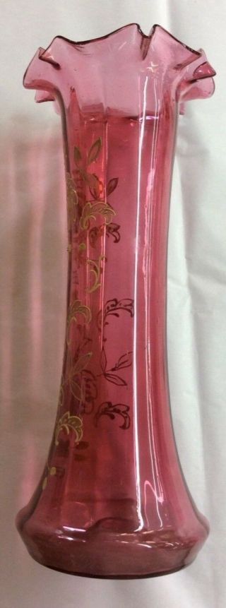 Victorian Art Glass Cranberry Vase - Blown And Gold Enameled - Ruffled Top 12”