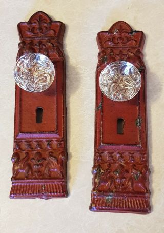 (2) Rustic Red Cast Iron Door Plates W/ Glass Door Knobs Vintage Shabby Chic