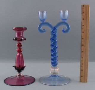 2 Antique Venetian Italian Art Glass Candlesticks Blue Twisted & Amethyst