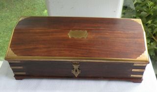 Vintage Wooden Box W/ Domed Lid Secret Drawers Brass Edges & Corners