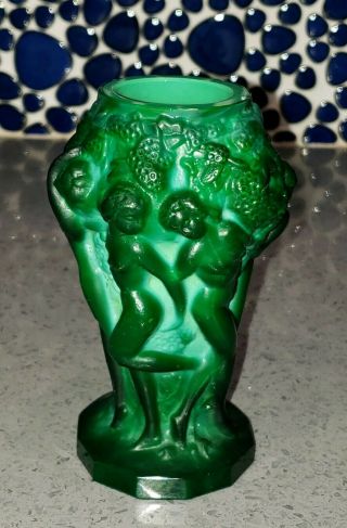 Vintage Czech Green Nude Malachite Glass Vase Art Deco Women With Grapes 5 " Inch