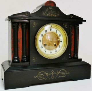 Antique French 8 Day Architectural Slate & Marble Gong Striking Mantel Clock