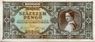 Banknote 1945 Republic Hungary Ef Xf 100000 100 Thousand Pengo Hyperinflation