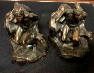 Vintage Bronze Bookends Indian With Dog Statue