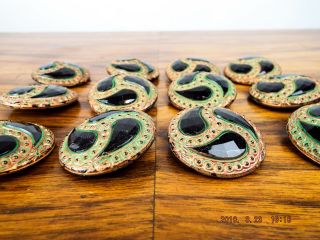 Vintage Set of 12 Glass Hat Pin Tops Pattern Black Green and Gold Color Round 6