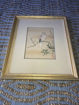 Japanese Dove Bird Sakura Flower Tree Hand Painted Signed Marked Red Stamp Frame
